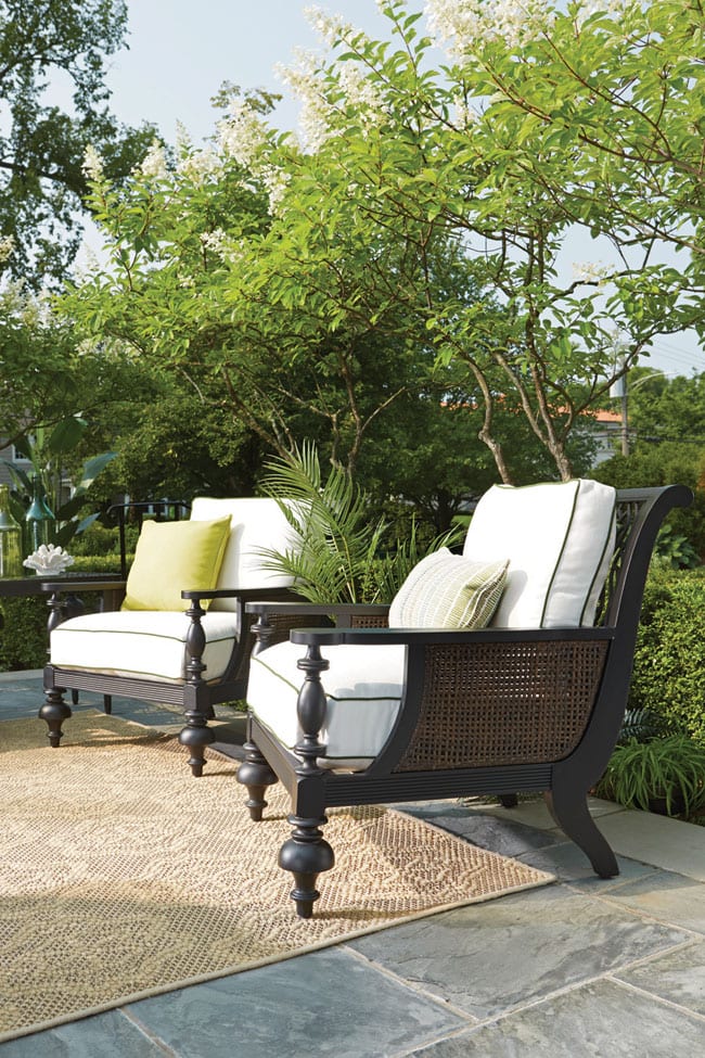 Hemingway Cay Island chairs from Lane Venture were purchased at Elegant Outdoor Living set out on a patio made of stone pavers