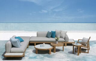 Modular outdoor furniture that can stack to optimize comfort and convenience on a patio on the beach